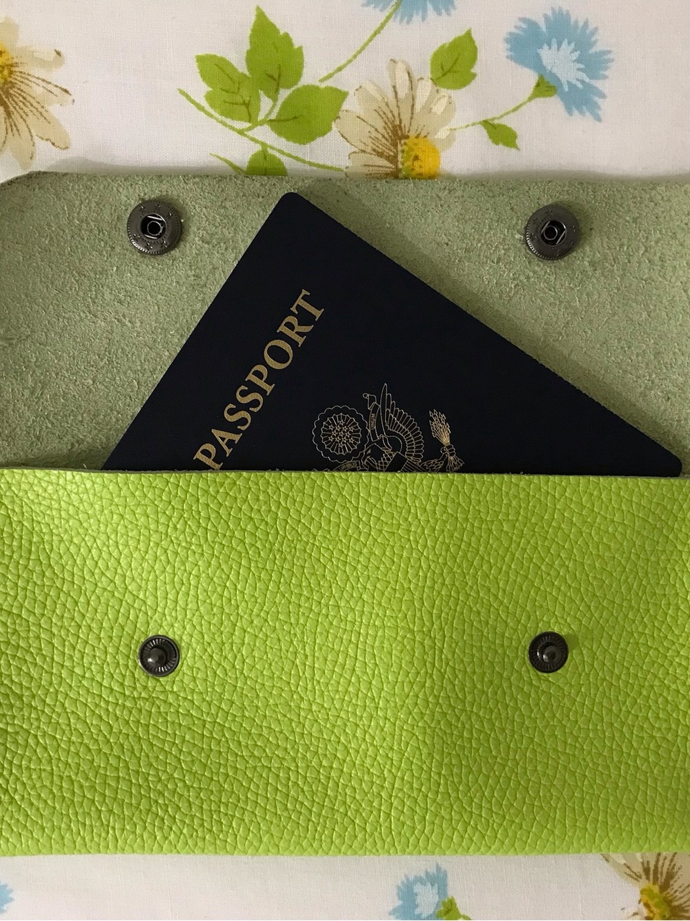 Handmade Genuine Leather Passport Holder Wallet - Neon Lime Green